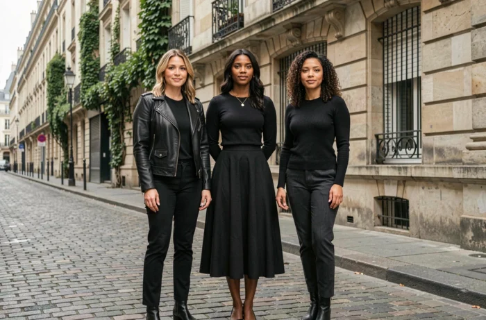 Trois femmes aux styles variés habillées en noir dans une rue parisienne, célébrant la diversité de l'élégance féminine en noir