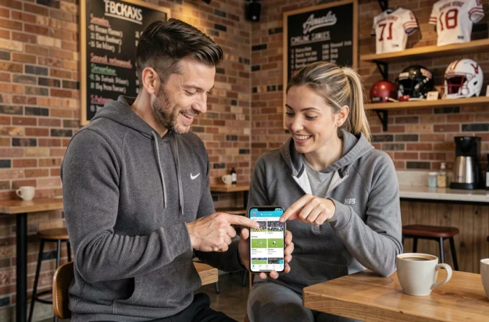 Deux personnes consultant ensemble le plan du site Az Sport sur un smartphone dans un café sportif