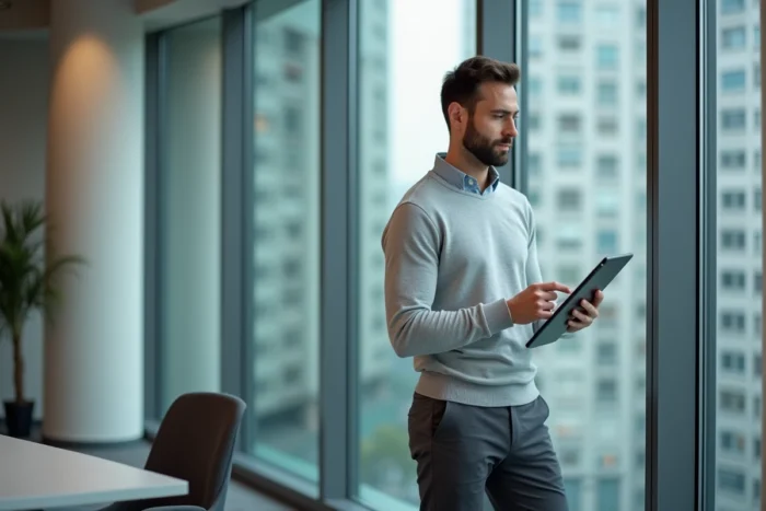 Entrepreneur analysant les performances financières de son entreprise depuis un bureau urbain moderne