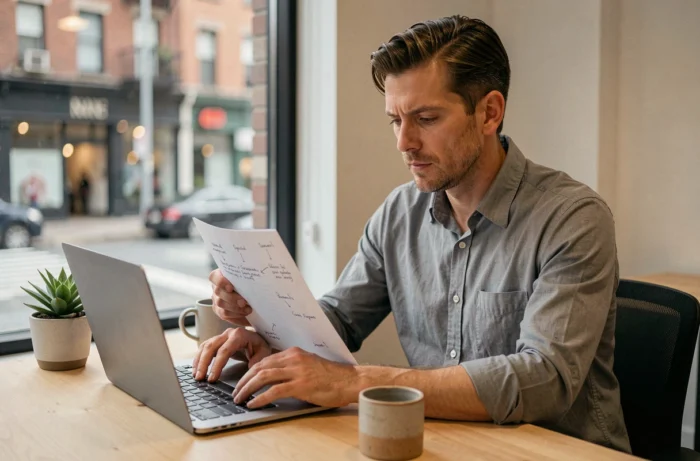Entrepreneur analysant un plan d'affaires sur son bureau dans un espace de coworking moderne