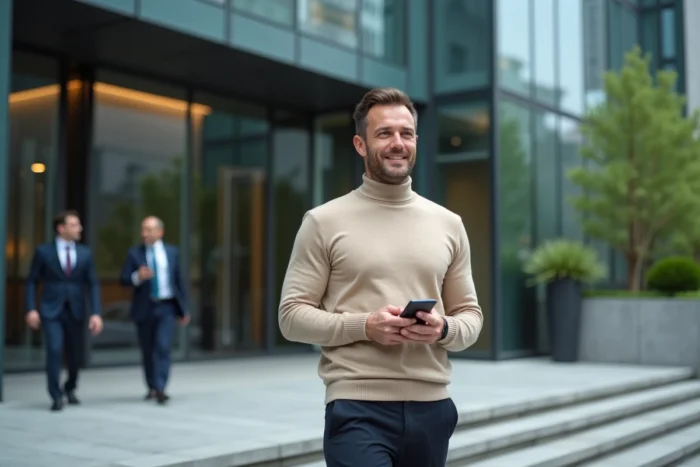 Entrepreneur prospère en tenue smart casual devant un immeuble de bureaux contemporain, évoquant le parcours et la fortune d'un homme d'affaires à succès