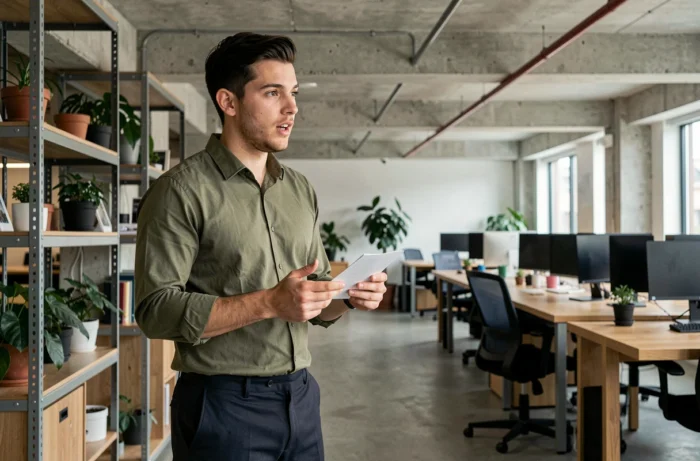 Jeune entrepreneur répétant son pitch commercial dans un espace de coworking moderne de type startup