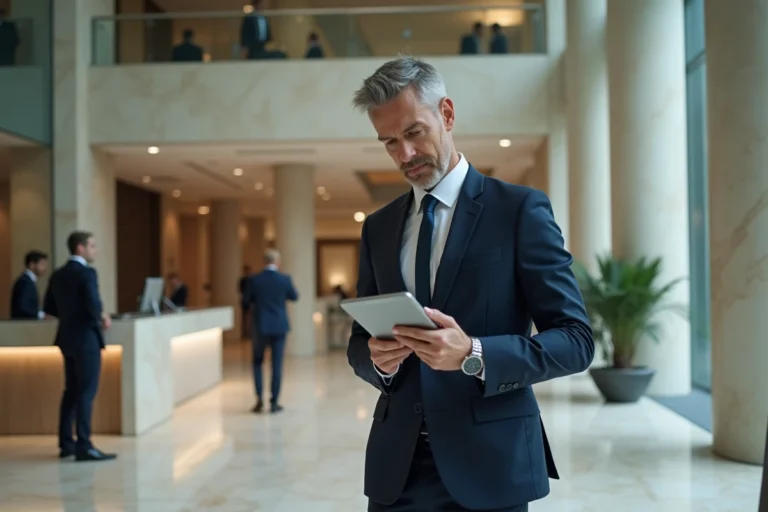 Entrepreneur à succès en costume sombre consultant une tablette dans le hall d'un bureau moderne, illustrant la réussite professionnelle et la fortune d'un homme d'affaires