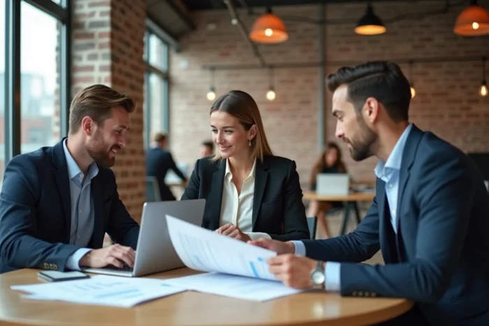 Équipe d'entrepreneurs collaborant sur un plan de gestion d'entreprise dans un espace de coworking