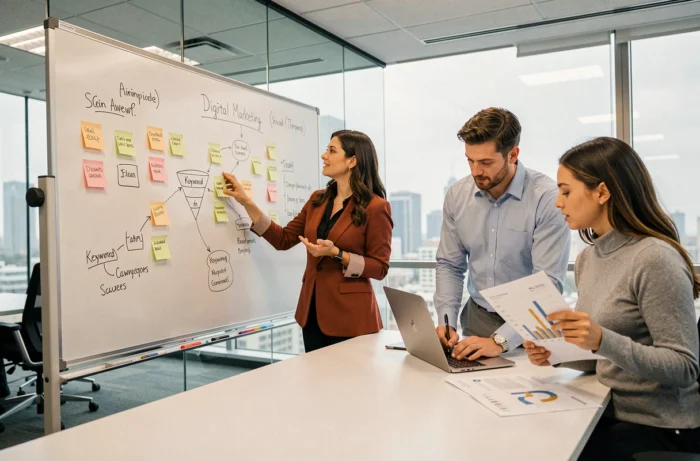 Équipe marketing en réunion de brainstorming autour d'un tableau blanc pour élaborer une stratégie digitale innovante en 2024