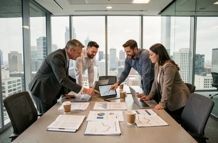 Équipe professionnelle en réunion stratégique autour d'une table de conférence avec graphiques de croissance