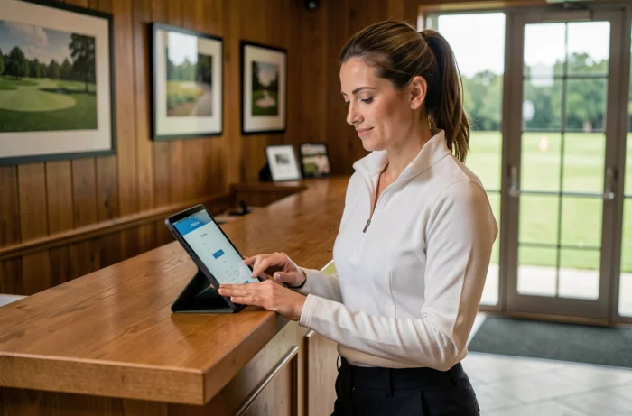 Golfeuse gérant son espace personnel FFGolf sur une tablette dans un club de golf