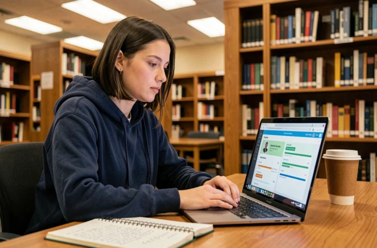 Étudiante de l'INSA Rouen utilisant la plateforme Moodle sur son ordinateur portable dans la bibliothèque universitaire