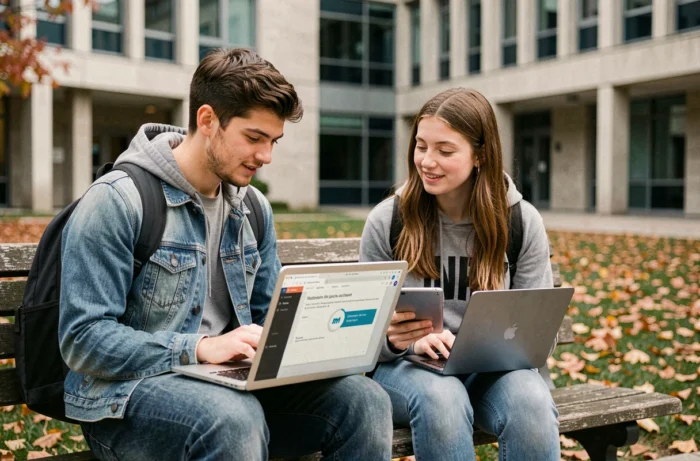 Deux étudiants en ingénierie collaborant sur Moodle en extérieur sur le campus de l'INSA Rouen