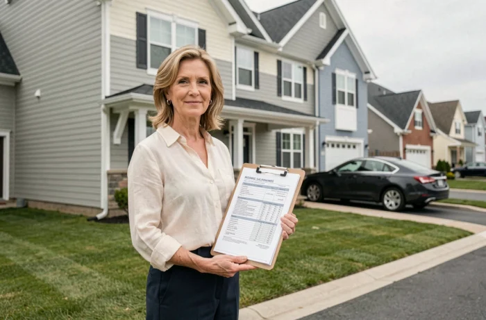 Experte en assurance immobilière évaluant une maison résidentielle avec un formulaire d'inspection