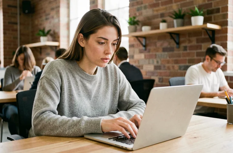 Femme consultant les dernières actualités tech sur un ordinateur portable dans un bureau moderne
