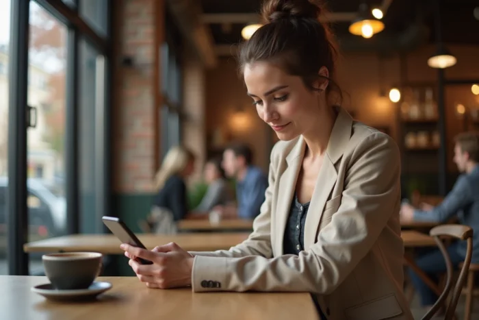 Femme consultant les dernières actualités et tendances sur son smartphone dans un café urbain moderne
