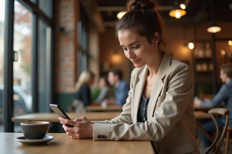 Femme consultant les dernières actualités et tendances sur son smartphone dans un café urbain moderne
