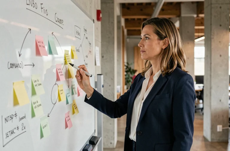 Femme d'affaires présentant une stratégie business sur un tableau blanc dans un bureau moderne