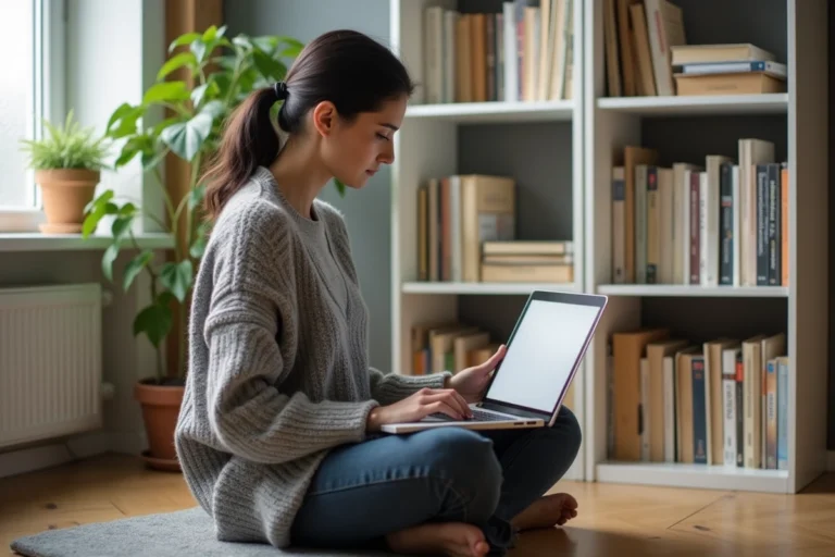 Femme parcourant des alternatives à Bookys pour télécharger des ebooks sur son ordinateur portable depuis son salon