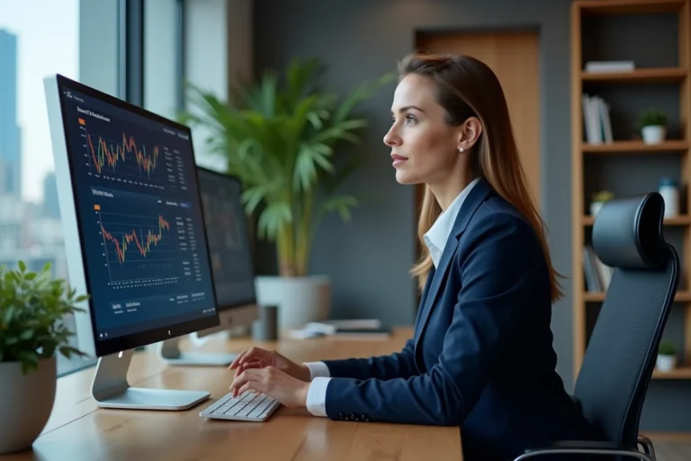 Femme professionnelle analysant un tableau de bord d'investissement financier sur ordinateur dans un bureau moderne