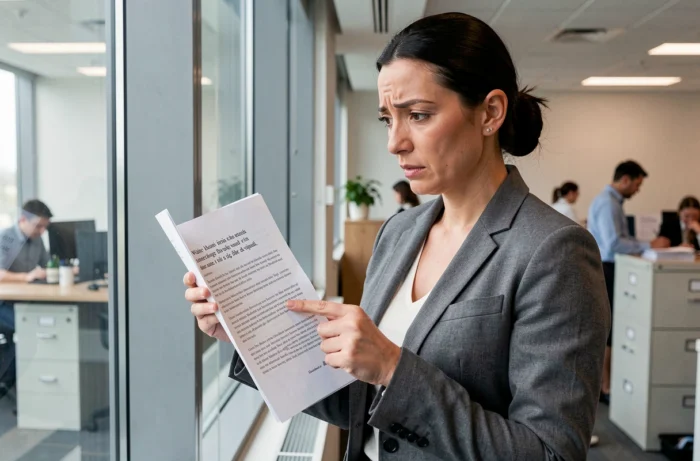 Femme professionnelle examinant un devis signé dans un bureau en réponse à une rétractation de prestataire