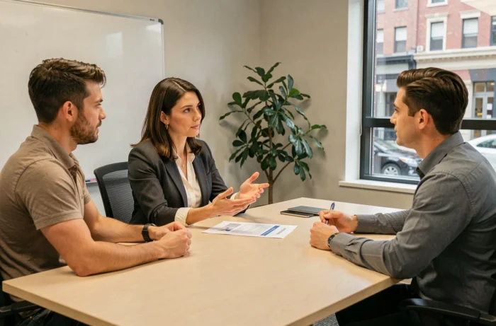 Femme cadre intermédiaire animant une réunion avec des collègues masculins autour d'une table de travail, symbolisant les défis de leadership et d'égalité dans les professions intermédiaires