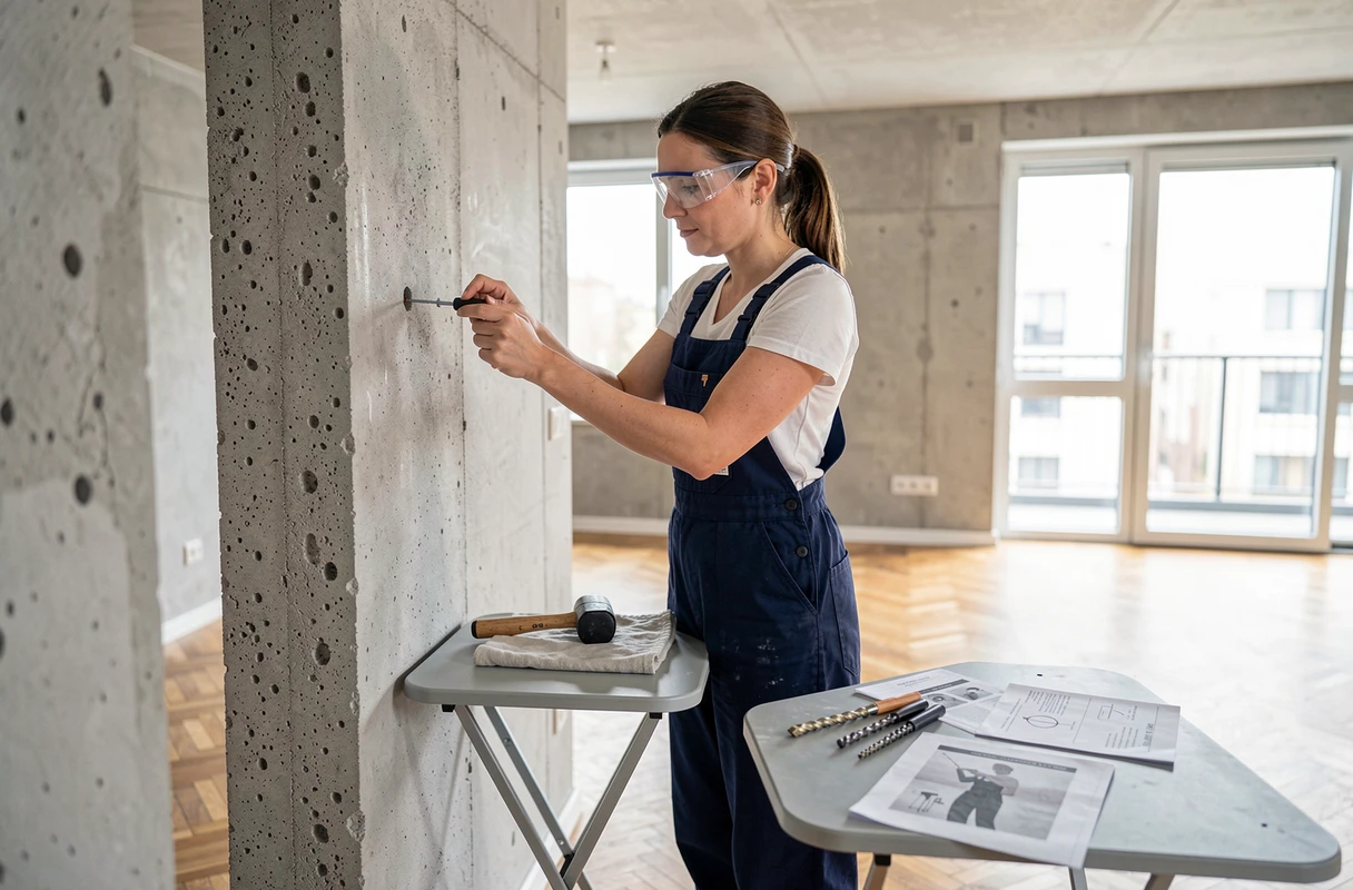 Femme en cours de rénovation fixant une cheville dans un mur en béton cellulaire dans un appartement moderne