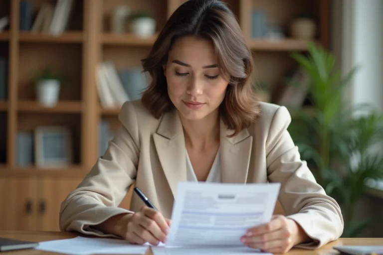 Femme consultant un contrat d'assurance auto à son bureau à domicile, stylo en main