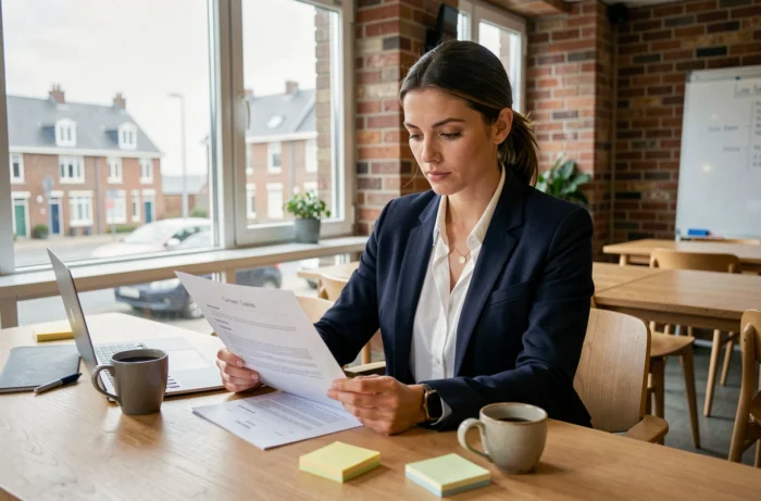 Femme consultant son CV dans un espace de coworking normand pour trouver un emploi dans la Manche