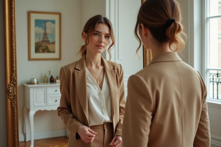 Femme élégante ajustant un collier doré devant un miroir vintage dans un appartement parisien, look mode tendance blazer camel et chemise blanche