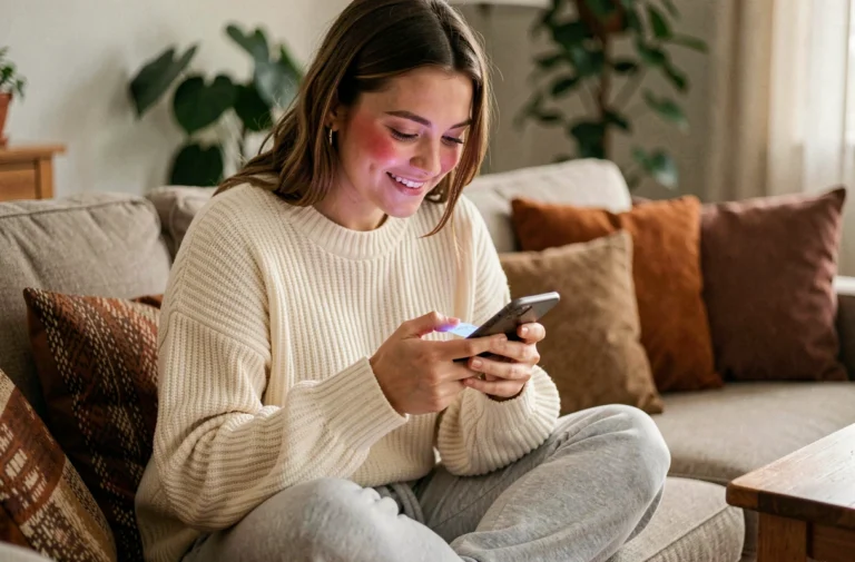 Jeune femme souriante lisant des messages romantiques avec des emojis sur son smartphone dans un salon cosy