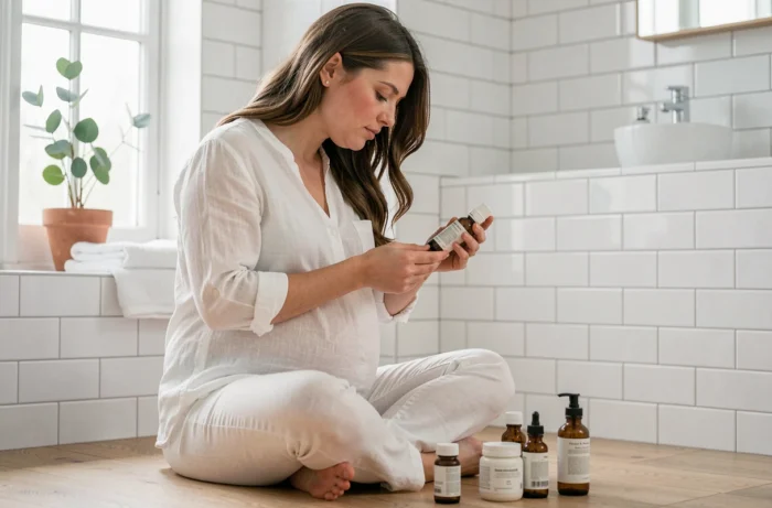 Femme enceinte lisant les étiquettes de produits cosmétiques naturels dans une salle de bain épurée