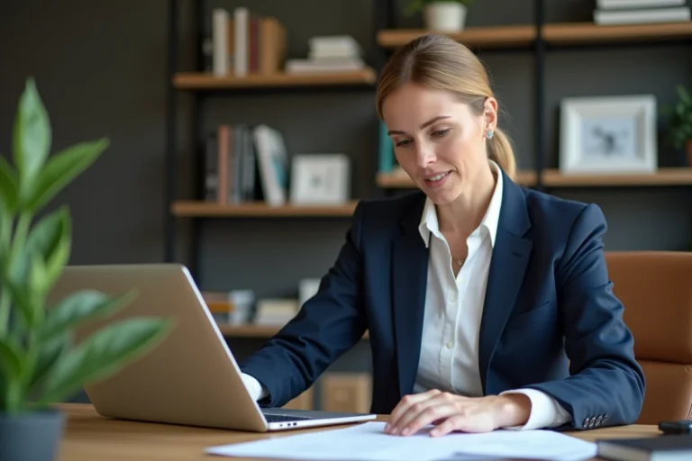Femme entrepreneur concentrée sur la création de son entreprise dans un bureau moderne et organisé