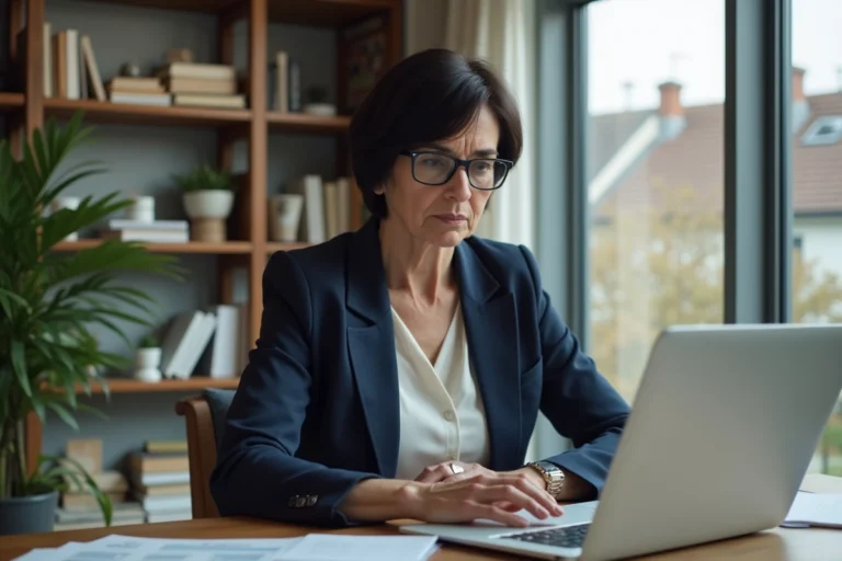 Femme consultant un outil d'estimation immobilière en ligne sur son ordinateur portable dans un bureau à domicile moderne