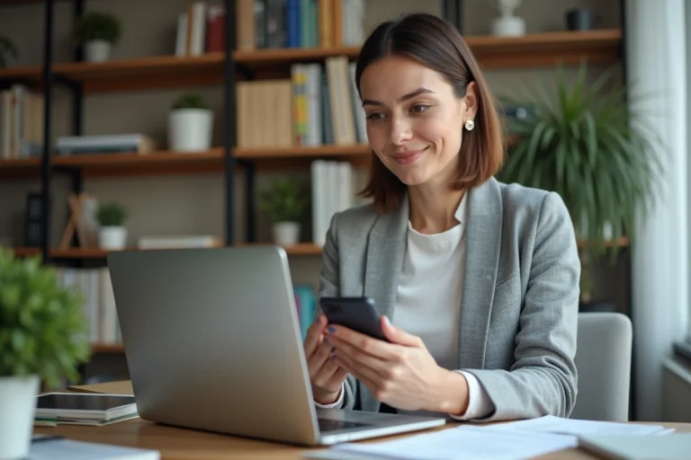 Femme utilisant l'application Mon Proxima sur smartphone pour gérer des mesures de protection depuis son bureau à domicile