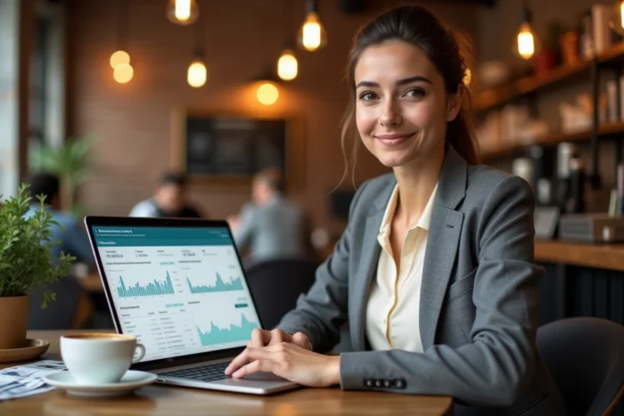 Femme d'affaires consultant un tableau de bord d'investissement blockchain diversifié sur son ordinateur portable dans un café urbain tendance