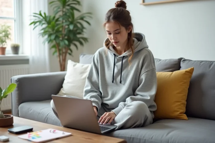 Femme travaillant sur un ordinateur portable dans un salon moderne avec des accessoires informatiques et outils numériques