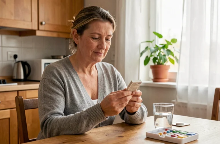 Femme d'âge mûr lisant la notice d'Anxemil 200 mg dans une cuisine chaleureuse