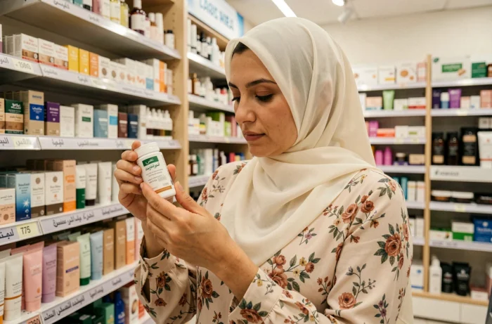 Femme marocaine en hijab examinant l'étiquette d'un produit cosmétique halal dans une pharmacie moderne de Casablanca