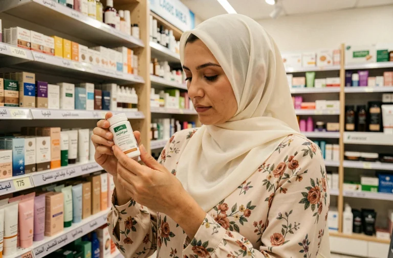 Femme marocaine en hijab examinant l'étiquette d'un produit cosmétique halal dans une pharmacie moderne de Casablanca