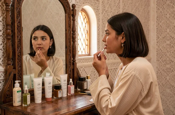 Jeune femme marocaine en djellaba appliquant un rouge à lèvres halal devant un miroir dans un riad traditionnel