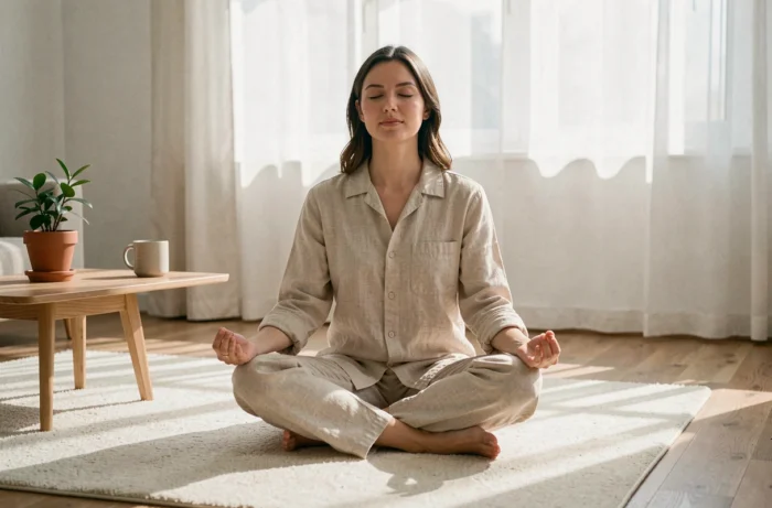 Femme en tenue décontractée pratiquant la méditation dans un salon minimaliste en bois pour améliorer son bien-être quotidien