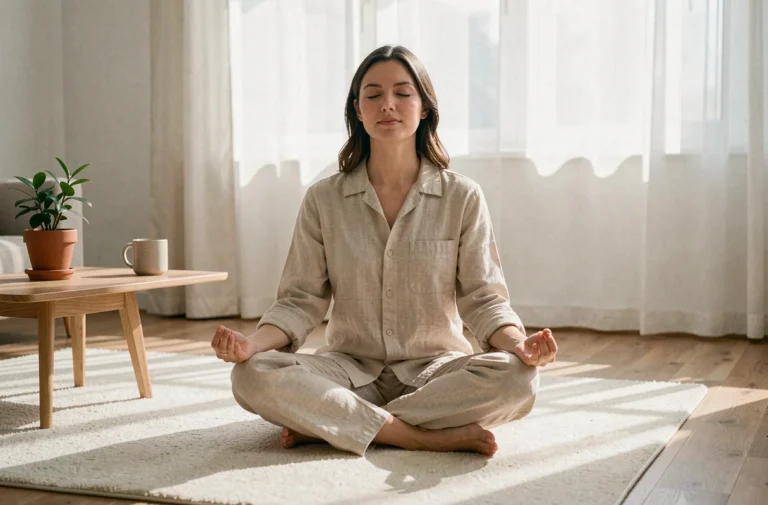 Femme en tenue décontractée pratiquant la méditation dans un salon minimaliste en bois pour améliorer son bien-être quotidien