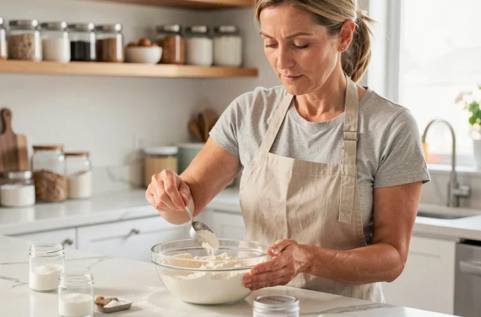 Femme mesurant de la levure chimique dans une cuisine moderne, illustration du lien entre levure chimique et alimentation équilibrée