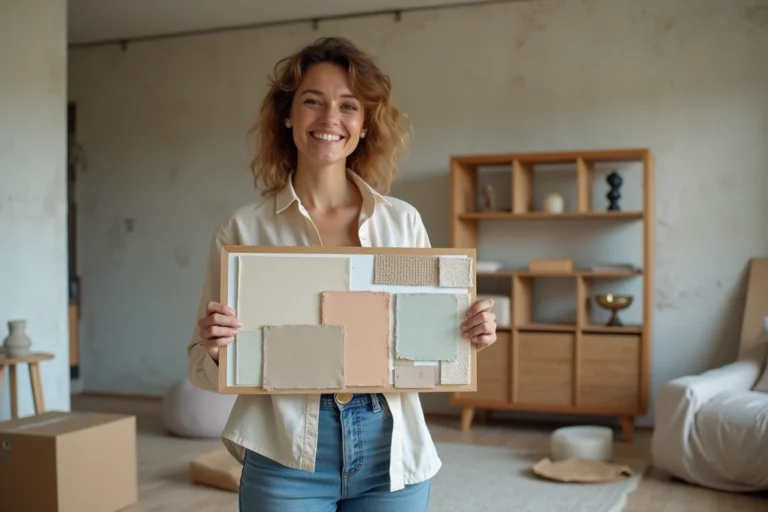 Femme tenant un moodboard de décoration intérieure dans un salon en cours d'aménagement