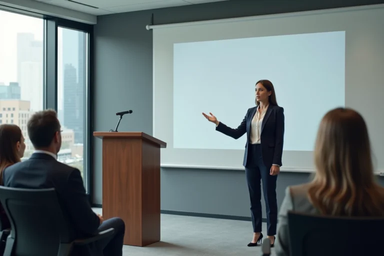 Femme professionnelle présentant une stratégie de communication lors d'une conférence en entreprise