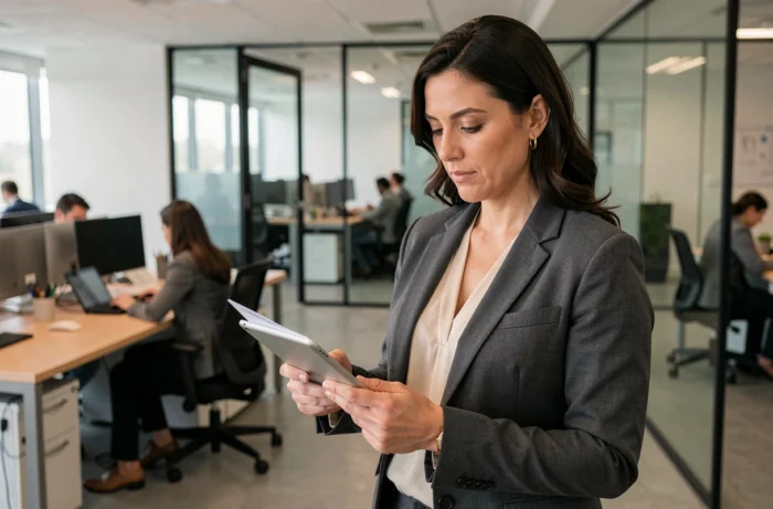 Femme professionnelle en milieu de carrière consultant une tablette dans un bureau en open space, illustrant les défis des professions intermédiaires féminines