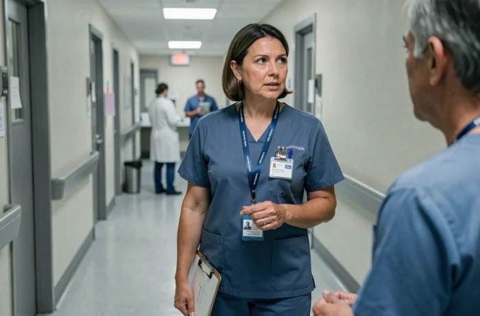 Femme technicienne de santé en couloir d'hôpital échangeant avec un collègue, représentant les professions intermédiaires du secteur médical et leurs enjeux professionnels
