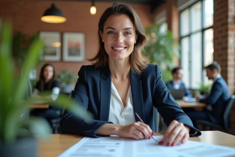 Femme professionnelle consultant des offres d'emploi dans un bureau moderne