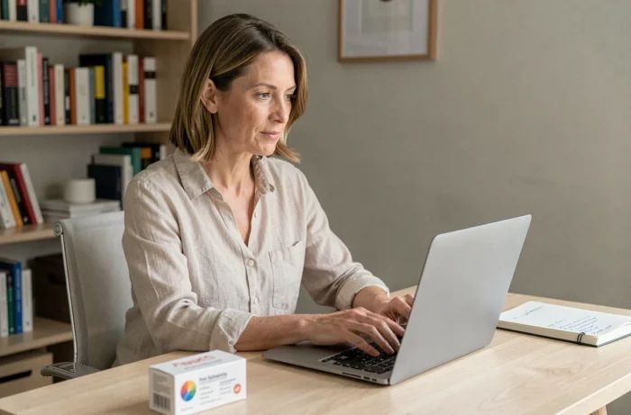 Femme rédigeant un avis utilisateur sur un médicament anxiolytique depuis son bureau à domicile