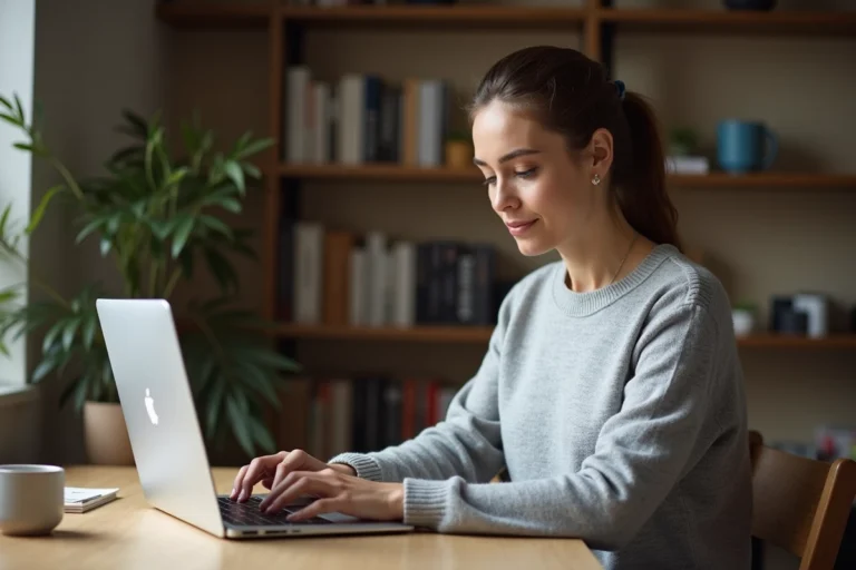 Femme utilisant un ordinateur portable pour rédiger un email dans un bureau à domicile moderne avec des livres de référence en français