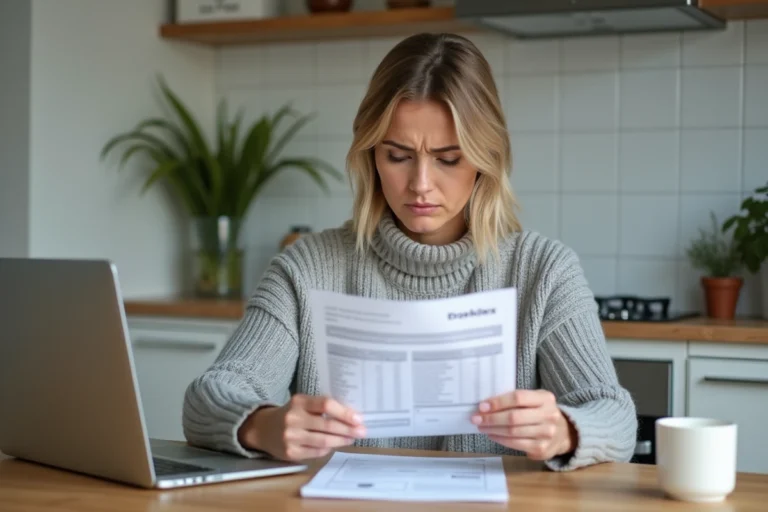 Femme examinant un relevé bancaire à la recherche d'un prélèvement Siaci Saint Honoré inconnu