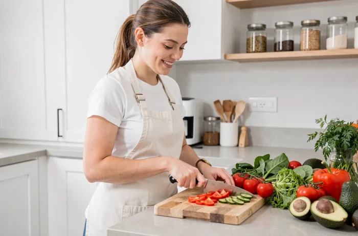 Jeune femme préparant un repas sain et coloré dans une cuisine moderne dans le cadre d'un mode de vie bien-être au quotidien