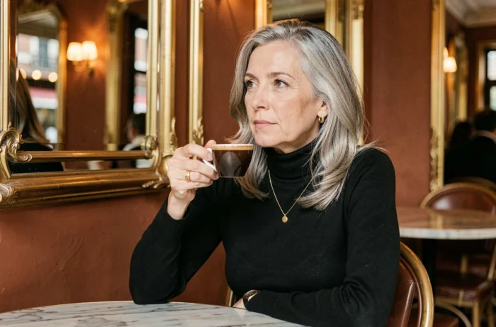 Femme mature en robe noire à col roulé dans une brasserie parisienne, alliant élégance classique et modernité